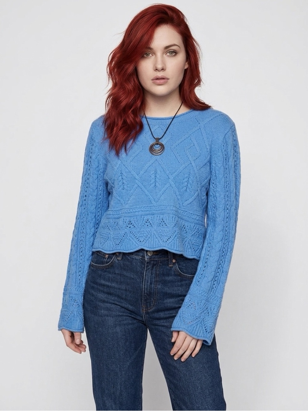 Hazel Moon Sweater Crop Waist Chenille Blue Large